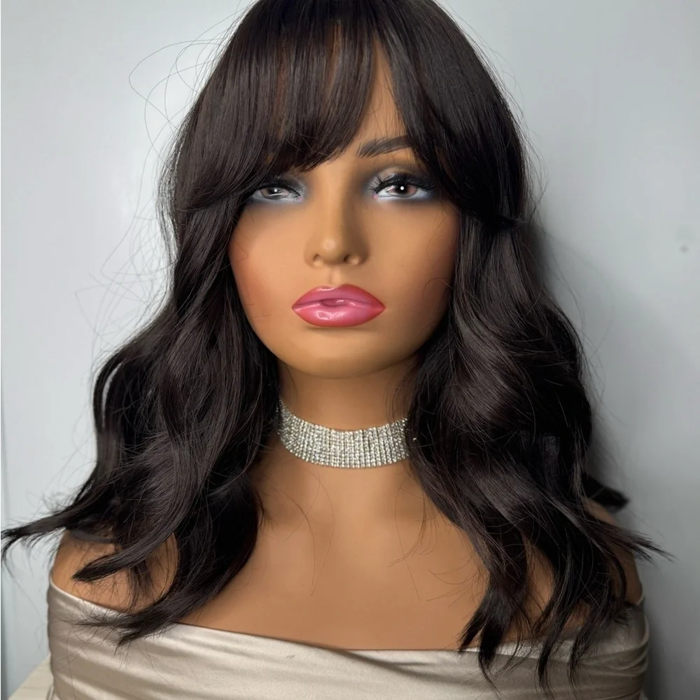14” Dark Brown Wavy Synthetic Wig with Bangs – Natural Look, Classic Cap